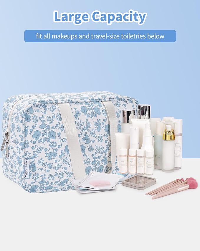 Narwey Full Size Toiletry Bag Women Large Cosmetic Bag Travel Floral Makeup Bag Organizer Medicine Bag for Toiletries Essentials Accessories (Blue Flower,Large)