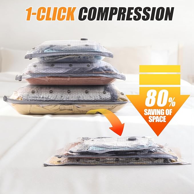 Travel Vacuum Storage Bags with Pump, 12 Pack Carry-on Compression Packing Bags + Portable Electric Pump, 80% Space Saver of Clothes, Vacuum Seal Bags for Clothing Travel Luggage