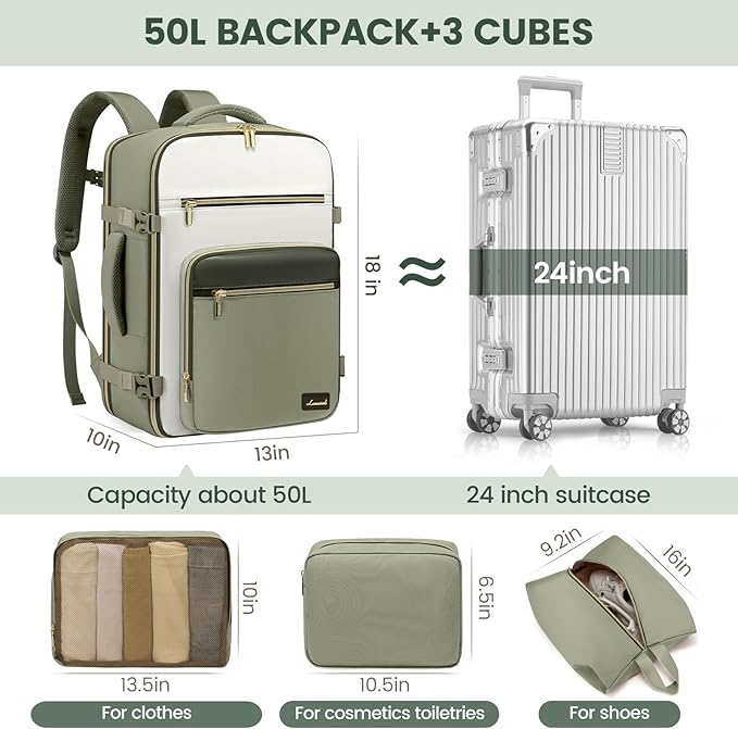 LOVEVOOK Travel Backpack For Women,50L Carry On Backpack Flight Approved,TSA Personal Item Travel Bag Fits 18 Inch Laptop,Business Weekender Overnight Daypack with Toiletry Bag and Cubes