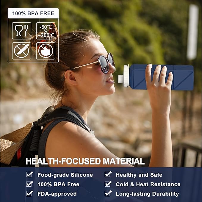 BEAUTAIL Collapsible Water Bottles 20.6oz 2 Pack, Silicone Foldable Portable Travel Water Bottle, BPA-Free Reusable Leakproof for Travel Camping Hiking Cycling Yoga Sports Outdoor (Darkblue+Pink)