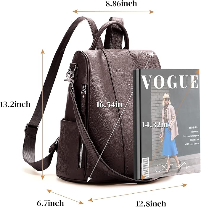 Leather Backpack Purses, Anti-theft Genuine Leather Backpack Bags for Women, Large Capcacity Fashion Convertible Shouler Bags for School Travel Daily