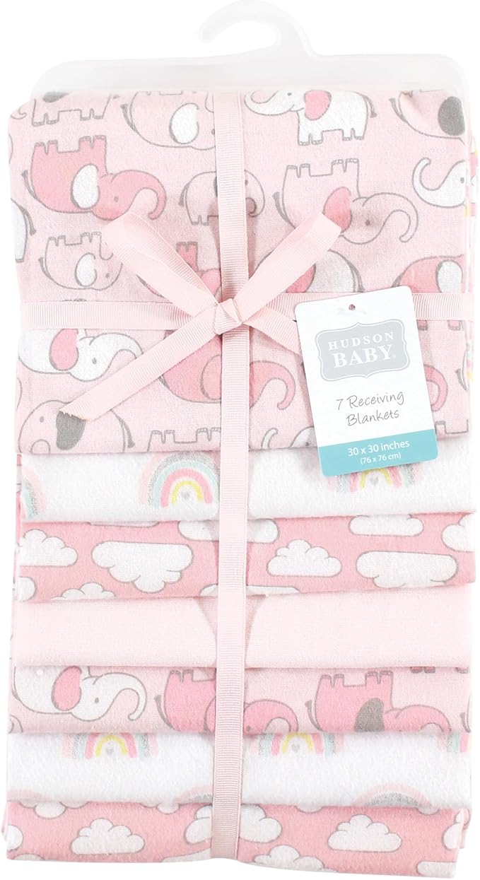 Hudson Baby Unisex Baby Cotton Flannel Receiving Blankets Bundle, Girl New Elephant, One Size