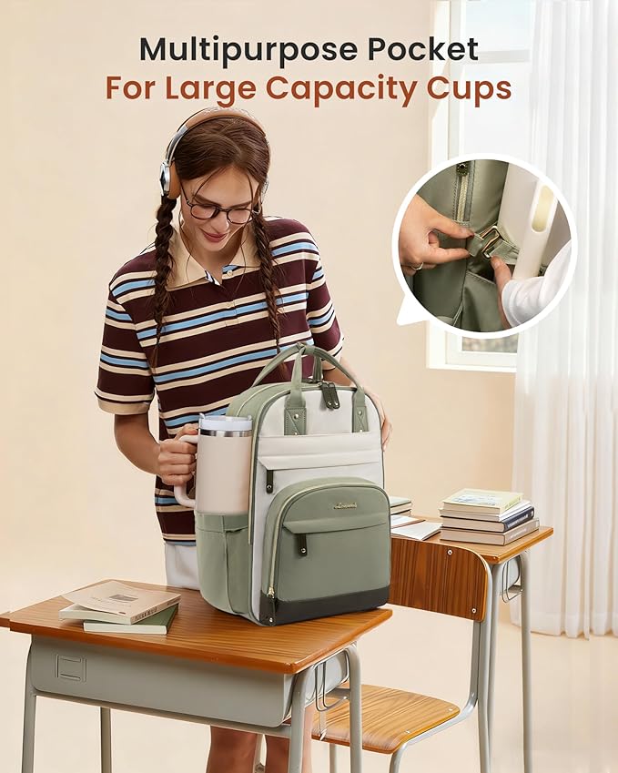 LOVEVOOK Laptop Backpack for Women with Giant Tumbler Holder Pocket,15.6 inch School College Book Bag Nurse Teacher Backpack,Work Travel Backpack Laptop Computer Bag,Pea green-Light yellow-Burlap blue