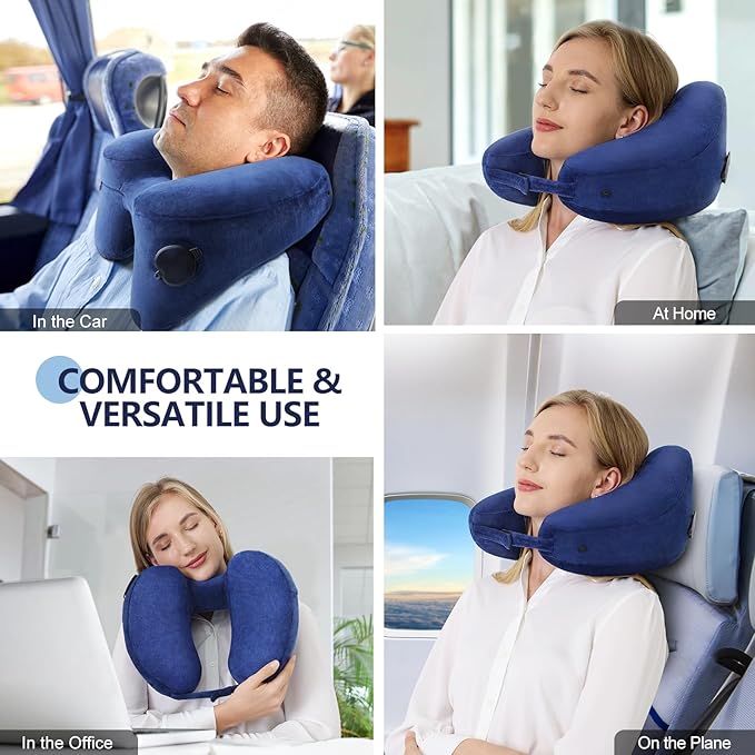 Sunany Travel Neck Pillow for Airplane Pillow Comfortably Supports Head, Neck and Chin, Inflatable Travel Pillow with Soft Velour Cover and Portable Drawstring Bag (Black) (Blue, H)