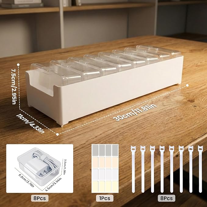 8 Individual Cable Organizer Boxes With Base, Cord Storage Organizer With Labels And Cable Straps For Charging Cables, Adapters, Earphones And Small Electronic Accessories