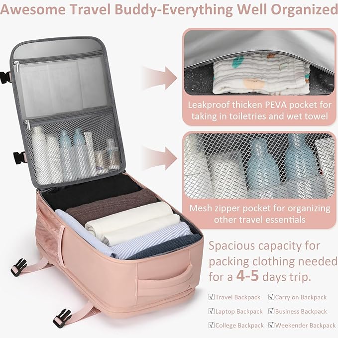Tenot Carry on Backpack for Women TSA Approved 15.6 Inch Travel Laptop Backpack for Women Travel Essentials Womens Travel Backpack Suitcase Pink