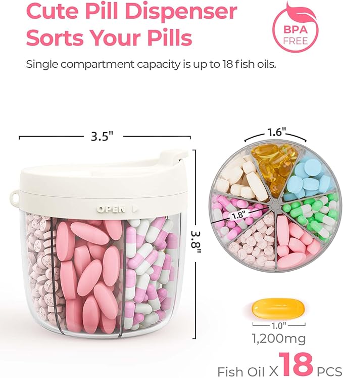 AMOOS Cute Pill Dispenser with 7 Large Compartments, Portable Pill Bottle Organizer with Wide Opening for Easy Use, Anti-Mix Pill Organizer for Travel, BPA-Free Pill Container, White