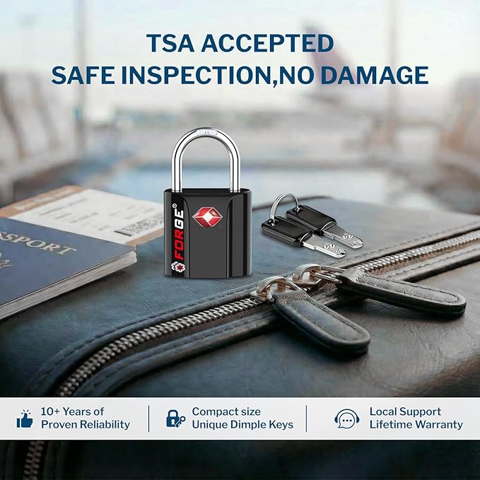Forge Small Size TSA Approved Luggage Locks: Key Locks for Travel. Ultra Secure Dimple Key Travel Locks Alloy Body Luggage Locks. Black 8 Pack.