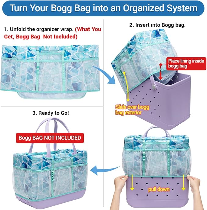 Nyton Organizer Bag Insert for Bogg Bag Inner Liner Pouch for Original Large XL Rubber Tote Zippered Organizer with Pockets for Beach Travel Sports Mom (SEA GLASS, LARGE)