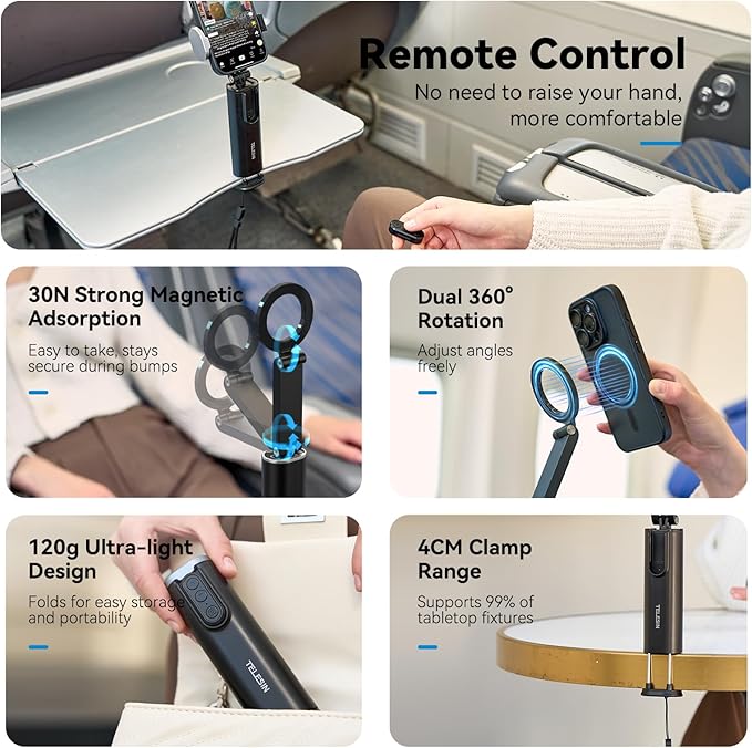 Magnetic Bluetooth Airplane Phone Holder – Universal 360° Hands-Free Stand with Remote Control for TikTok, YouTube & Other Video Apps, Perfect for Travel, Home & Office, Accessory for Airplane