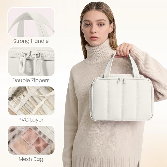 Travel Makeup Bag,Puffy Toiletry Bag for Women,Cosmetic Travel Bag Lightweight,Toiletries Organizer with Trolley Sleeve,White