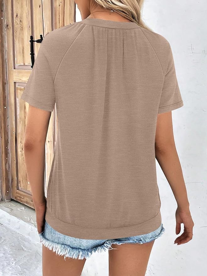 AUTOMET Womens Tops Short Sleeve V Neck T Shirts 2026 Summer Spring Beach Vacation Clothes Casual Loose Ruched Top