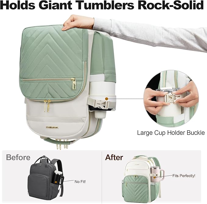 VANKEAN Laptop Backpack for Women with Giant Tumbler Holder Pocket,17.3 inch School College Book Bag Nurse Teacher Backpack,Waterproof Work Travel Backpack Purse Laptop Computer Bag, Beige-Light Green