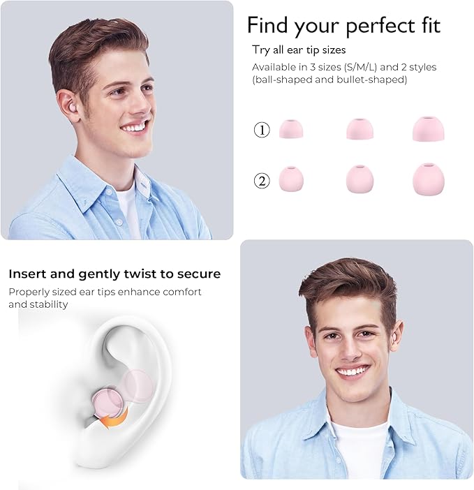 Jayine 2 Pairs Ear Plugs for Sleeping, Soft Full Silicone Ear Plugs for Noise Reduction 25dB, Reusable Hearing Protection Earplugs for Concert, Focus, Noise Sensitivity, 8 Ear Tips in S/M/L - Pink
