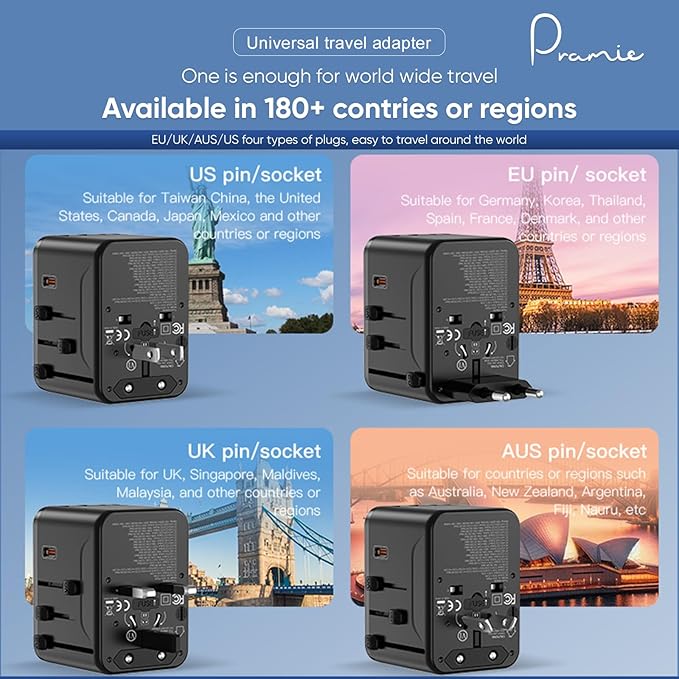 Universal Travel Adapter, GaN 35W International Plug Adapter with 2 Type C & 2 USB and 1 Quick Charging Port Type C, All in One Worldwide Travel Plug Adapter, Available Plugs for EU/UK/AUS/US, Black
