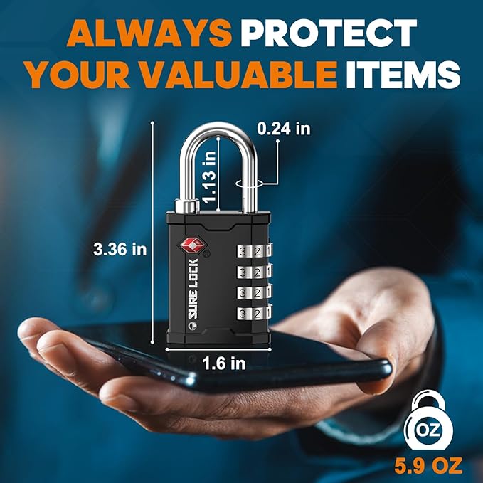 SURE LOCK TSA Accepted Heavy Duty Big Combination Luggage Padlock for Gun Cases, Transporting Equipment Cases in Trade Show, Music and Medical Industries (1, Black)