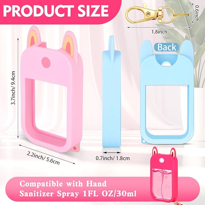 7 Pcs Silicone Case Compatible with Touchland Hand Sanitizer Spray, Cute Bunny Ear Protective Spray Holder Travel Size with Keychain Set for Power Mist & Glow Mist 1 fl oz, Hand Sanitizer Accessory
