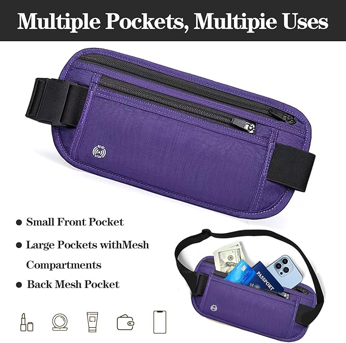 Purple Hidden Money Belt for Travel for Men, Waist Wallet Anti Theft, RFID Passport Holder For Travel Men Or Women, Money Pouch, RFID Passport Holder