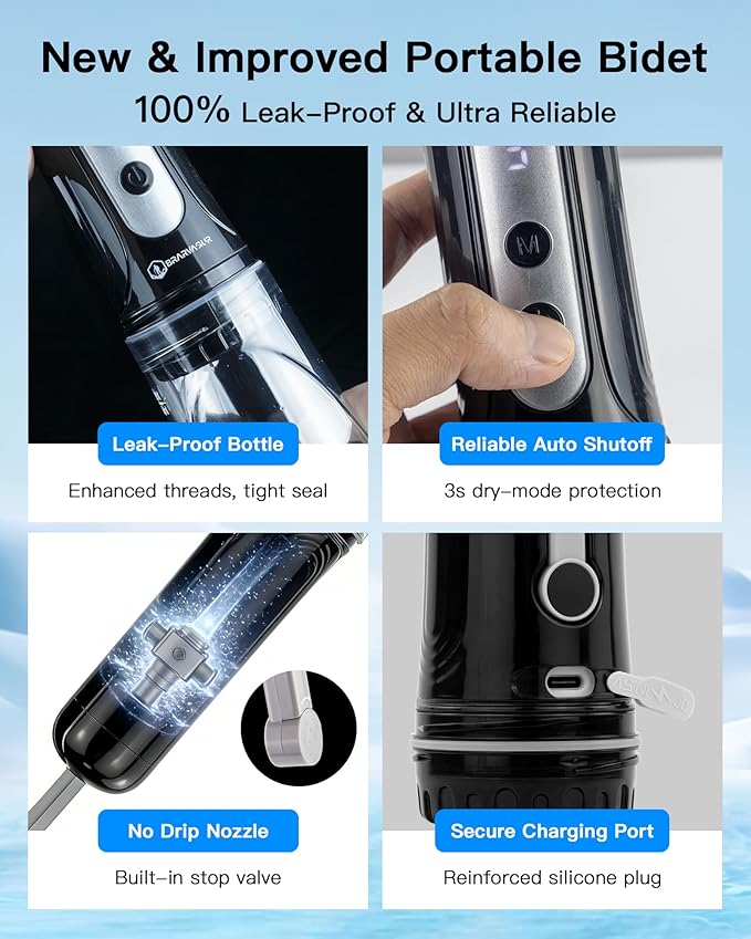 Handheld Portable Travel Bidet Sprayer, Rechargeable Electric Bidet, Peri Bottle for Women & Men, Upside Down Design, Works with Warm Water, No Heating Function, Personal Hygiene Care
