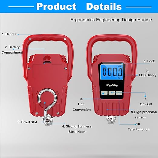 Digital Fish Scale Hanging Scale Fishing Scale,110lb/50kg Luggage Scale,Upgrade Large Handle & Backlit LCD Display, Electronic Balance Digital Fishing Postal Scale, Red, Fishing Gifts for Men