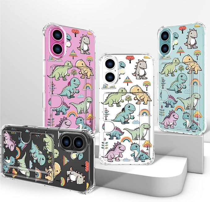 Compatible with iPhone 17 Case Card Holder for Women Cute Design,Wallet Phone Cases Transparent Cool Kawaii Protective (Clear Lovely Dinosaurs)