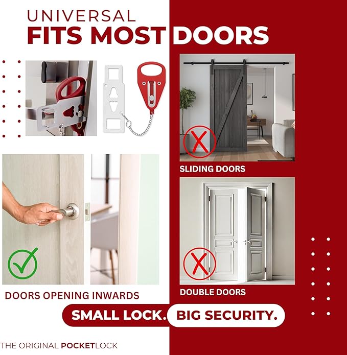 Portable Door Lock 2 Pack for Travel – Hotel Door Locks for Travelers Security – Door Safety Lock from Inside for Home & Apartment – Travel Locks for Hotel Rooms – (Red)