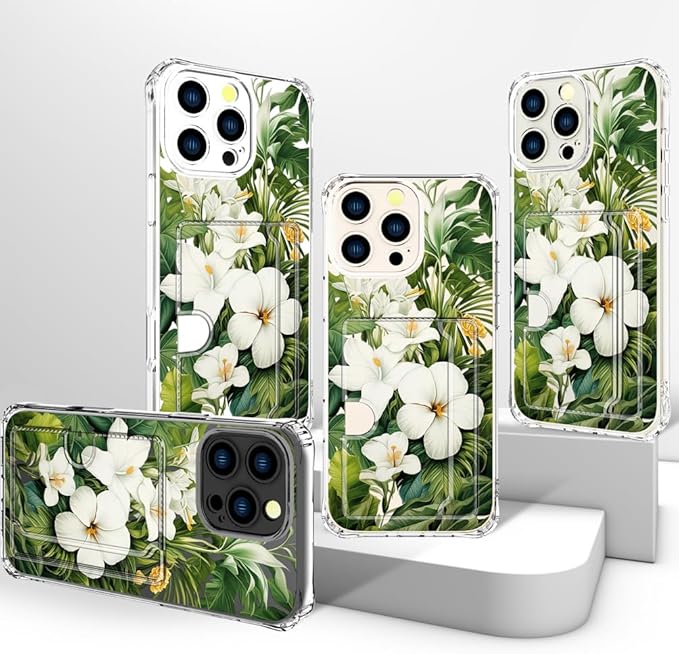 Compatible with iPhone 16 Pro Case Card Holder for Women Cute Design,Wallet Phone Cases Transparent Cool Kawaii Protective (Clear Green Flowers Tropical Jungle)