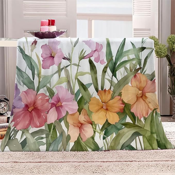 Tropical Hawaiian Throw Blanket, Watercolor Fleece Blanket for Couch Bed Sofa, Hibiscus Flower Blankets and Throws, Plumeria Petals Super Soft Cozy Plush Flannel Blanket 50x70, Decor & Gift