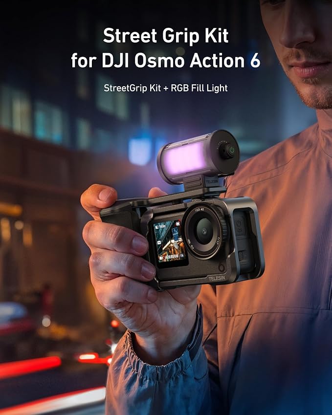 TELESIN Aluminum Alloy Grip Kit for DJI Action 6 with Metal Protective Cage & Magnetic RGB Video Light, Portable LED Camera Light with Diffuser, CRI 95+, Cold Shoe Mount