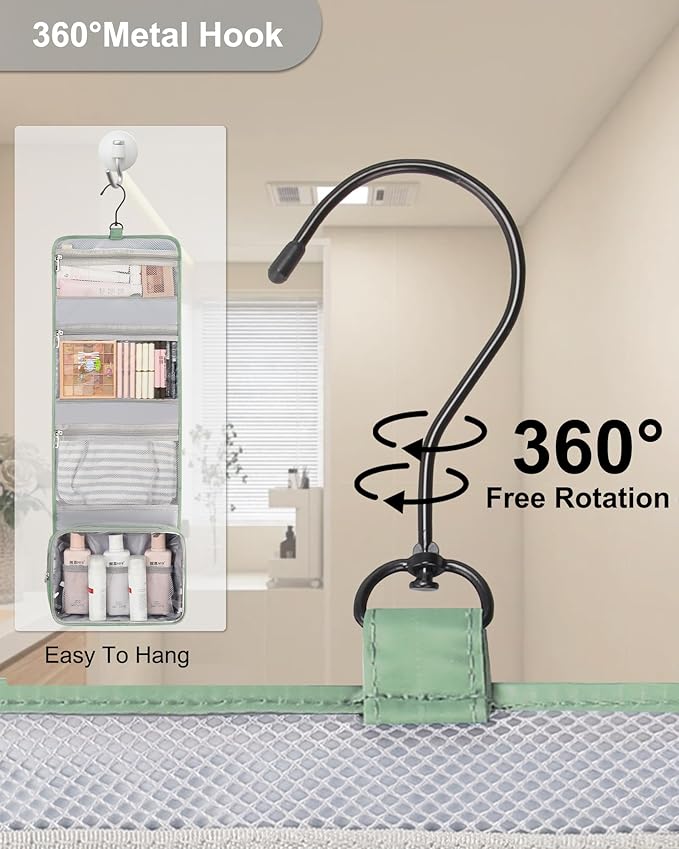 Relavel Travel Hanging Toiletry Bag for Women, Travel Wash Bag with 360° Rotation Hook, Waterproof Large Stand Up Toiletries Organizer for Bathroom Shower Camping - Green