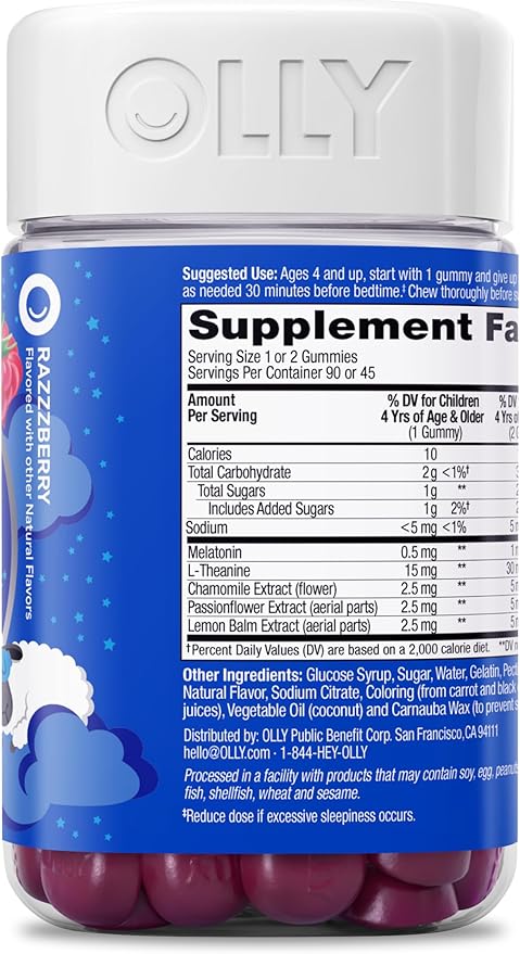 OLLY Kids Sleep Gummy,Occasional Sleep Support,0.5mg Melatonin,L Theanine,Chamomile,and Lemon Balm Extracts,Childrens Chewable Supplement,Raspberry Flavor -,90 Count (Pack of 2)