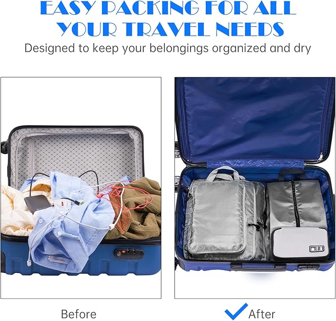 NiHome Compression Packing Cube 6PCS Set Expandable Travel Bag Luggage Organizers Electronic Cable Cord Charger Organizer Drawstring Bag for Trip Home Storage Travel Gear Accessories (Blue/Black/Grey)