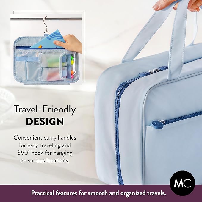 Kids Travel Organizer – Multi-Compartment, Water-Resistant Hanging Bag for Toys, Snacks, & Activities - Compact, Lightweight Design with Hook & Carry Handle - Perfect for Travel Use (Blue, Large)