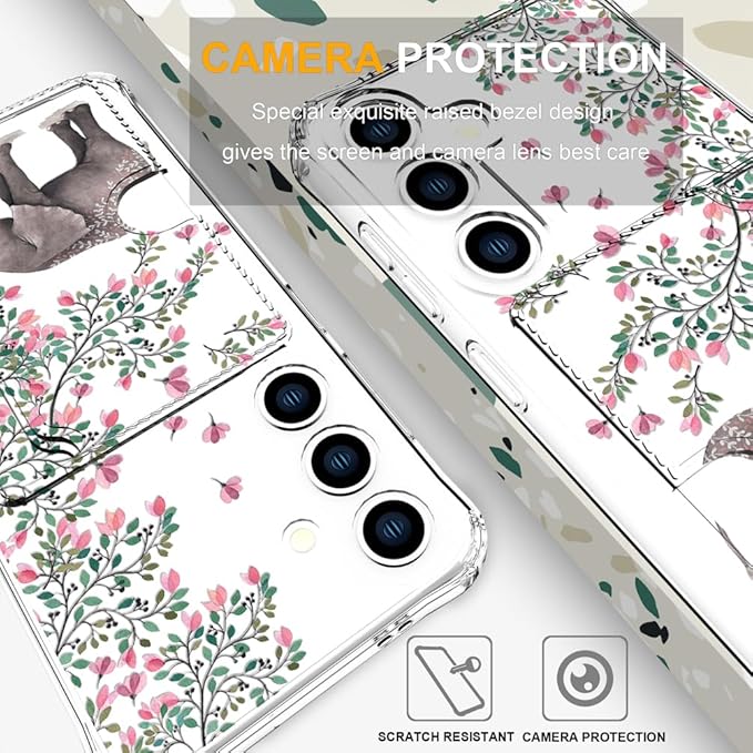 Compatible with Samsung Galaxy S24+ Plus / S25+ Plus Case Card Holder for Women Cute Design,Wallet Phone Cases Transparent Cool Kawaii Protective (Clear Elephant Flowers)