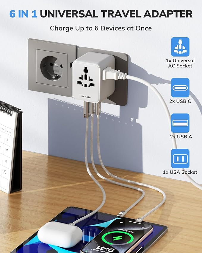 Hichain 70W GaN Universal Travel Adapter, European Travel Plug Adapter 2 USB-A & 2 USB-C Fast Charging Travel Adapter All-in-one International Power Adapter for USA EU UK AUS Travel Essentials White