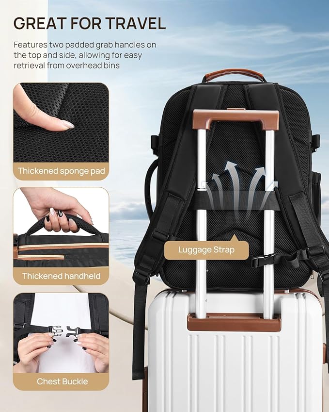 Telena Travel Backpack for Women, 15.6 inch Laptop Backpack TSA Carry on Backpack Personal Item Size Flight Approved Travel Bag Daypack with Multi-Pockets for Work, Travel, Business, Black-Beige-Brown