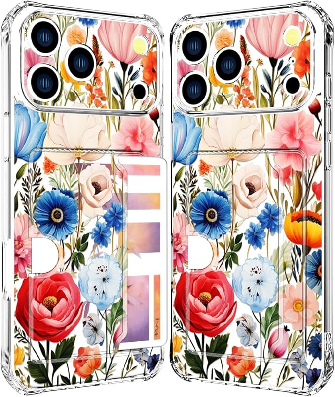 Compatible with iPhone 17 Pro Case Card Holder for Women Cute Design,Wallet Phone Cases Transparent Cool Kawaii Protective (Clear Flower Art Rose Peony)