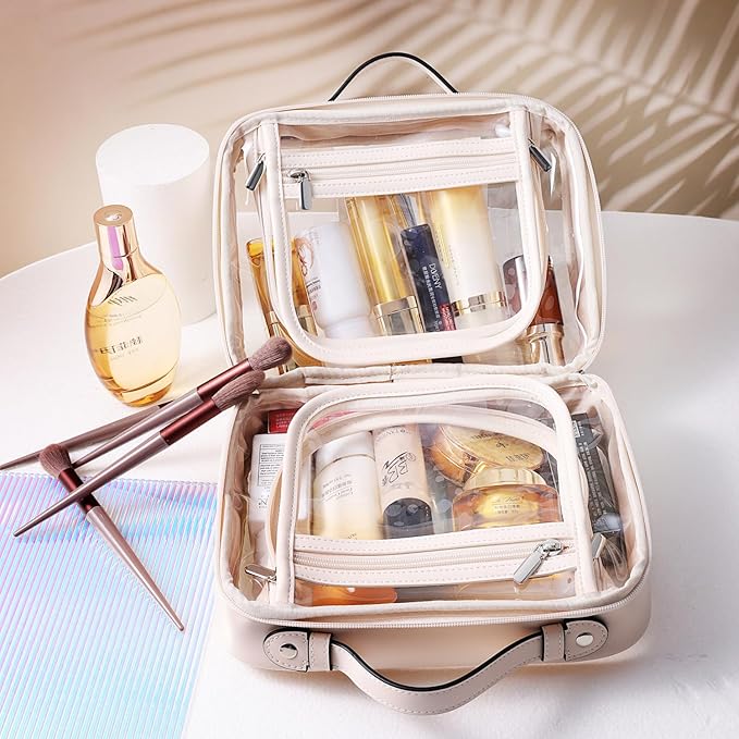 SANHECUN traveling toiletry case clear cosmetics case makeup bag Dimensions | LxWxH:10” x 4.5” x 7.5”(Beige, Medium)
