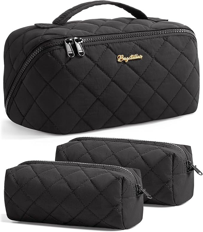 Travel Makeup Bag, 3 Pcs Large Capacity Puffy Toiletry Bag for Women, Open Flat Quilted Make up Cosmetic Organizer w/Handle & Clear Divider Water-resistant Portable Pouch Travel Essentials, L-Black