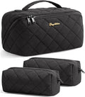 Travel Makeup Bag, 3 Pcs Large Capacity Puffy Toiletry Bag for Women, Open Flat Quilted Make up Cosmetic Organizer w/Handle & Clear Divider Water-resistant Portable Pouch Travel Essentials, L-Black