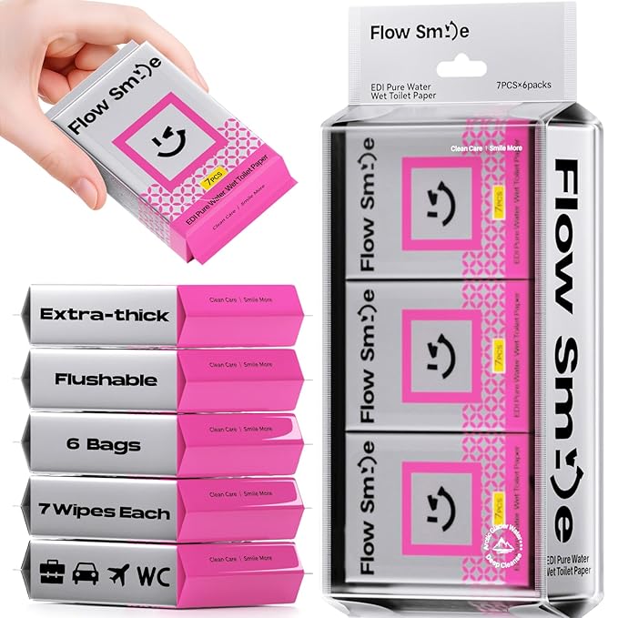 Flushable Wipes Travel Mini Size - 99.5% Water, Unscented Gentle for Sensitive Skin - Travel Essentials for Adults, Kids, Baby Care, Family, 42 Counts (6 Packs of 7)