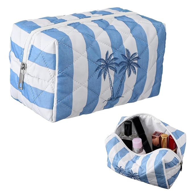 Hillban Ocean Quilted Cosmetic Bag Ocean Themed Gift Starfish Coral Seashell Essential Makeup Bag for Women Summer Travel Vacation Survival Kit Mother's Day Bulk Gift 8.7 x 4.3 x 4.3 in(Coconut Trees)