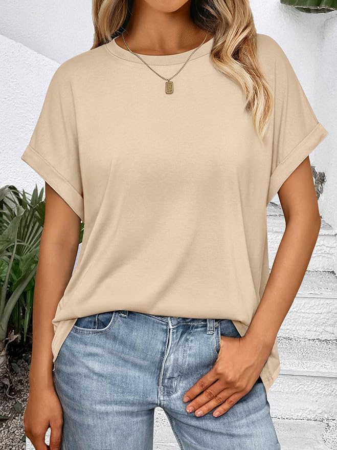 AUTOMET Women's Oversized Short Sleeve T Shirts Casual Drop Shoulder Rolled Cuff Summer Tops for Work, Travel and Lounge