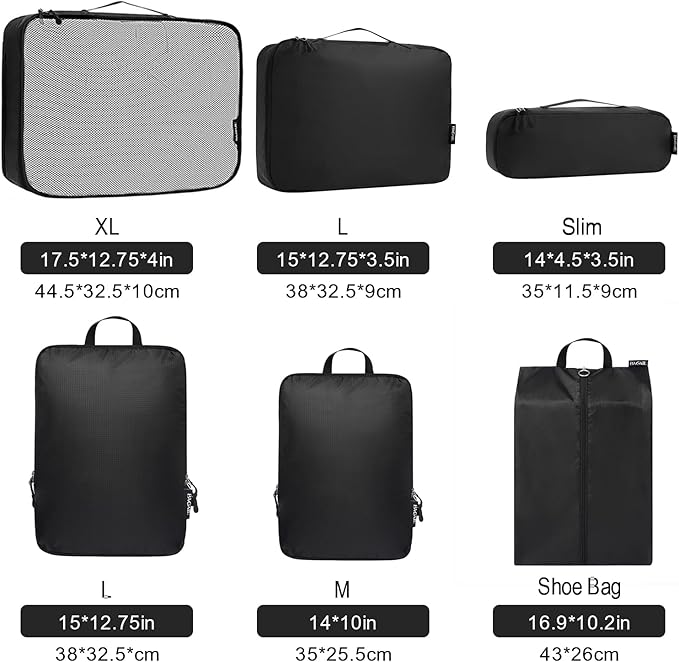 Bagail Ultralight Compression Cubes 7 Set - 3 Packing Cubes, 3 Organizers, and 1 Shoe Bag
