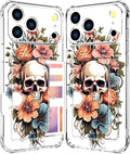 Compatible with iPhone 17 Pro Case Card Holder for Women Cute Design,Wallet Phone Cases Transparent Cool Kawaii Protective (Clear Skull & Flowers)