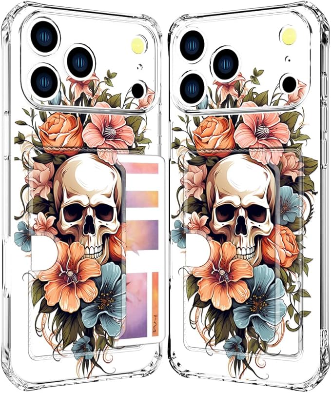 Compatible with iPhone 17 Pro Max Case Card Holder for Women Cute Design,Wallet Phone Cases Transparent Cool Kawaii Protective (Clear Skull & Flowers)