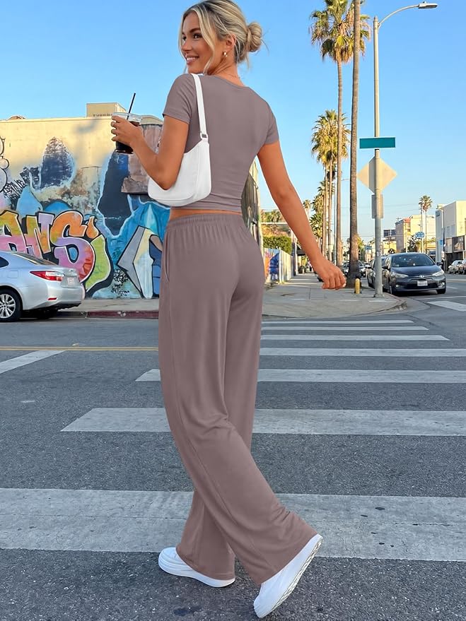 Trendy Queen 2 Piece Matching Summer Lounge Set Womens Side Ruching Top Wide Leg Pants Sets with Pockets