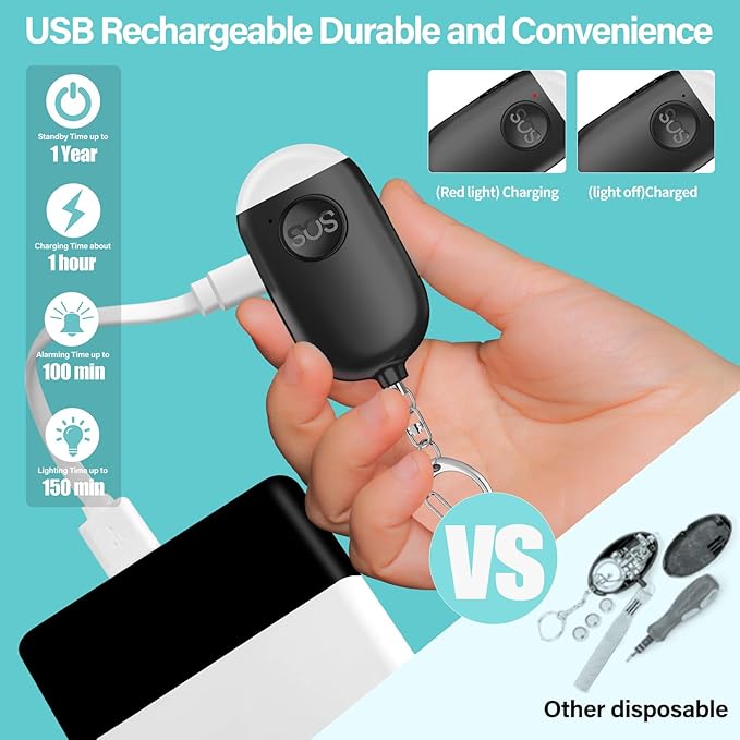 Hion Personal Safety Alarm for Women, 2 Pack Rechargeable 130dB Self Defense Alarm Keychain with LED Flashlight, Emergency Safe Sound Security for Children Elderly College Girls, Black+Pink