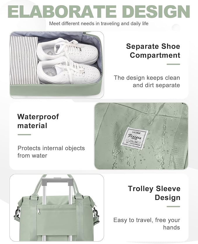 Spirit Travel Duffel - 18x14x8 Inches Weekender Overnight Bag with Shoes Compartment, Trolley Sleeve, Carry On for Airplanes, Sport Tote Gym Bag in BeigeGreen