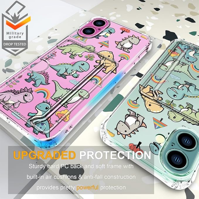 Compatible with iPhone 17 Case Card Holder for Women Cute Design,Wallet Phone Cases Transparent Cool Kawaii Protective (Clear Lovely Dinosaurs)